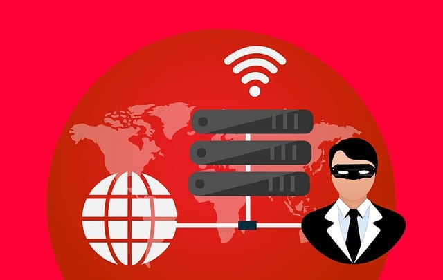 An illustration of a hacker with a mask connecting to a global network via the internet.