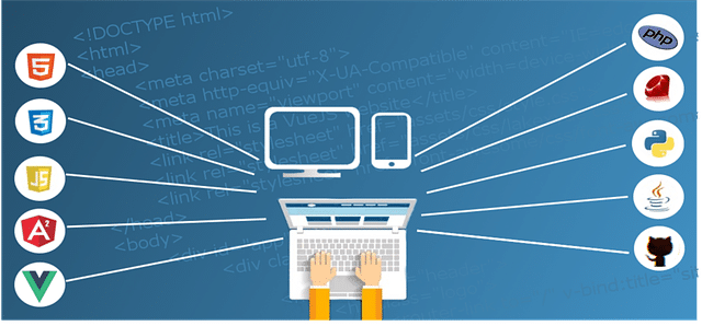 An illustration of a person typing on a laptop and icons of various web programming languages, symbolizing a question "How can web design improve sales?"