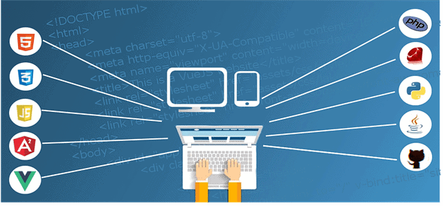 An illustration of a person typing on a laptop and icons of various web programming languages, symbolizing a question "How can web design improve sales?"