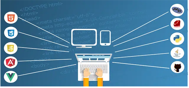 An illustration of a person typing on a laptop and icons of various web programming languages, symbolizing a question "How can web design improve sales?"