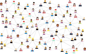 An illustration of people connected with a network, symbolizing the relationship between web design and social media.