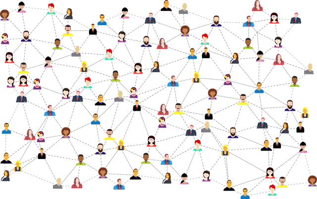 An illustration of people connected with a network, symbolizing the relationship between web design and social media.