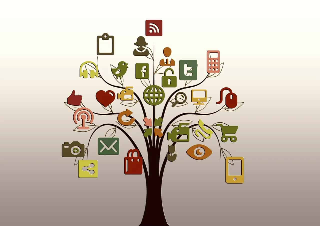 An illustration of a tree with social media and other icons on its branches.