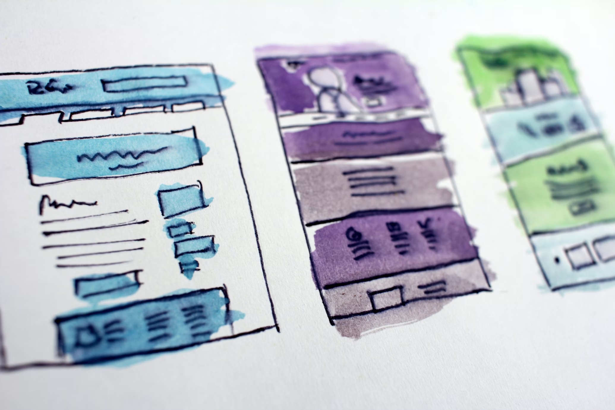 Blueprints of website designs on a white paper.