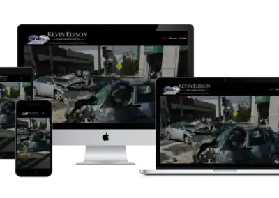 A website for Kevin Edison Law is displayed on a smartphone, tablet, desktop, and laptop, all showing an image of a severe car accident with damaged vehicles on a city street.
