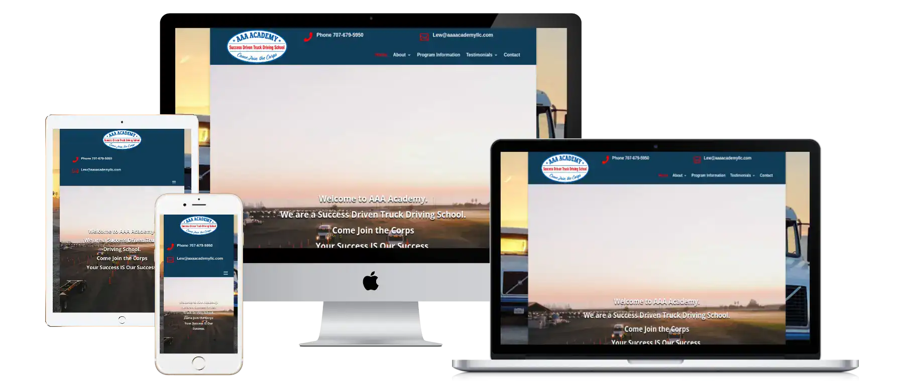 A responsive website for a truck driving school is displayed on a desktop, laptop, tablet, and smartphone, showing the site adapts to different device screens with a sunset background and school logo.
