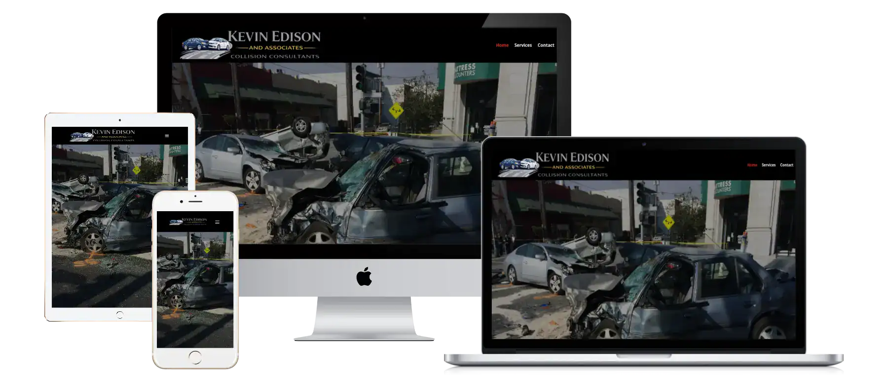A website for Kevin Edison & Associates featuring a car accident scene is displayed responsively on a smartphone, tablet, desktop, and laptop, showing compatibility across multiple devices.
