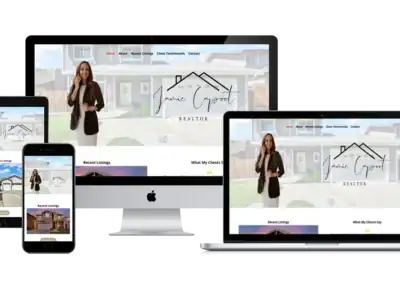 A real estate website is displayed responsively on a desktop, laptop, tablet, and smartphone screen, showing a female realtor, property listings, and the text “Annie Ogor Realtor” with a house logo.