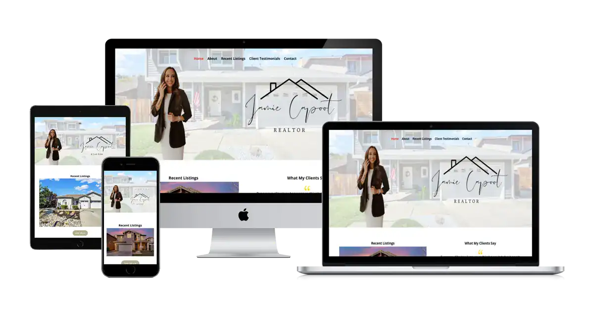 A real estate website is displayed responsively on a desktop, laptop, tablet, and smartphone screen, showing a female realtor, property listings, and the text “Annie Ogor Realtor” with a house logo.
