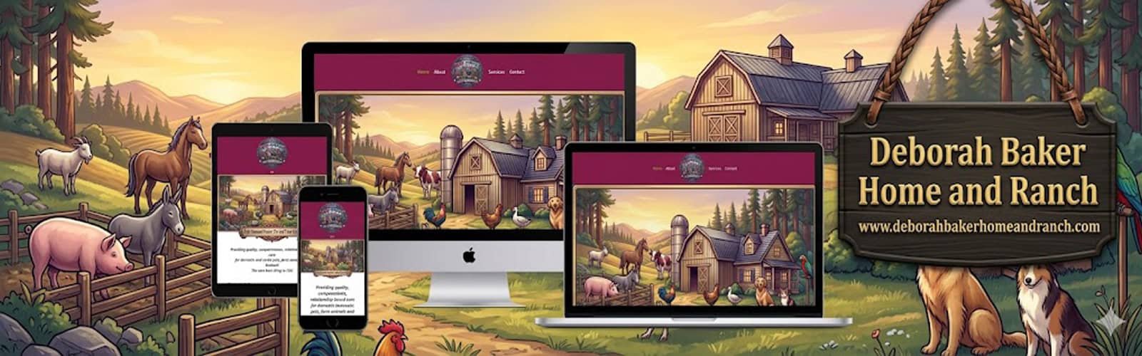 A digital illustration of a ranch scene with various farm animals, a barn, and a farmhouse, shown on multiple device screens. On the right, a wooden sign reads Deborah Baker Home and Ranch with a website URL.