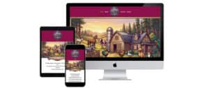 A responsive website design displayed on a desktop monitor, tablet, and smartphone, featuring a colorful illustrated farm scene with animals and a barn, using a maroon and purple color scheme.
