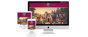 Responsive website design displayed on a desktop monitor, tablet, and smartphone, featuring a colorful farm scene with animals and a barn on a purple-themed veterinary or pet care website.