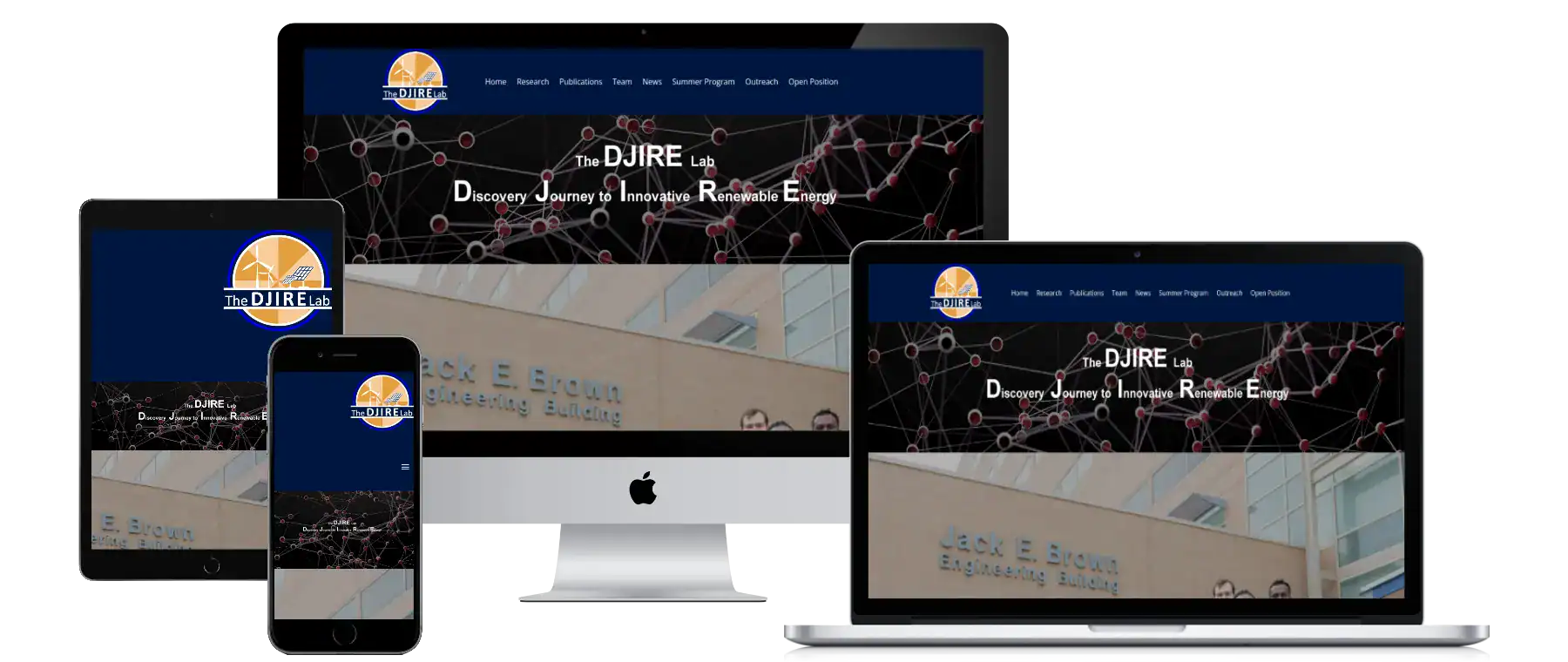 A website for The DJIRE Lab is displayed on a smartphone, tablet, laptop, and desktop. The site features a blue header and a background image of the Jackie E. Brown Engineering Building.