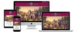 A website showcasing pet and farm animal care, displayed on a desktop monitor, laptop, tablet, and smartphone. The site features a charming barnyard scene with various animals.