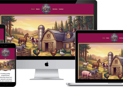 A responsive website displayed on a tablet, smartphone, desktop, and laptop. The homepage features a colorful illustration of a farm with a barn, silo, horses, cows, chickens, ducks, and a rural landscape under a blue sky.