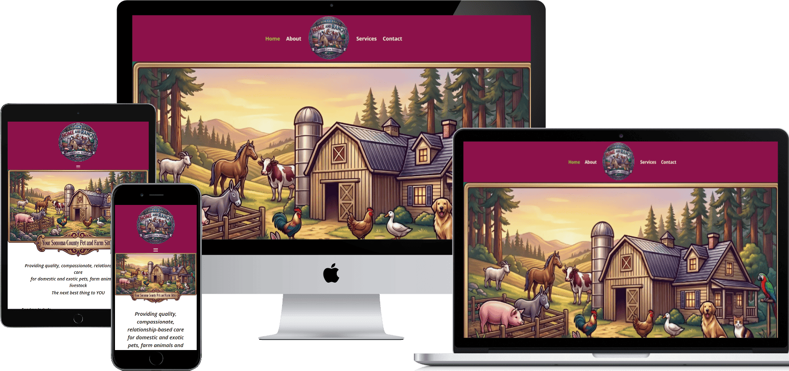 A responsive website displayed on a tablet, smartphone, desktop, and laptop. The homepage features a colorful illustration of a farm with a barn, silo, horses, cows, chickens, ducks, and a rural landscape under a blue sky.