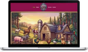 Laptop displaying a website with a cartoon farm scene. The scene features a barn, silo, and various farm animals including a pig, goat, horse, cow, donkey, chickens, dog, cat, and parrot. The website has a menu with Home, About, Services, and Contact.