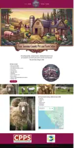 An illustration depicts a farm with various animals. Below, a list of services is provided, followed by images of sheep, goats, and horses. A map shows Sonoma County, California.