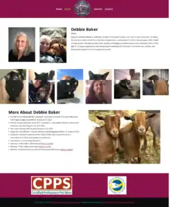 Debbie Baker, owner of Deborah Baker Home and Ranch, with a collage of photos featuring her with various animals including dogs, cats, horses, and goats.