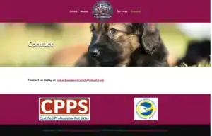 A fluffy puppy is shown in soft focus with the word Contact overlaid. Below, contact information is visible with logos for CPPS and the National Association of Professional Pet Sitters.