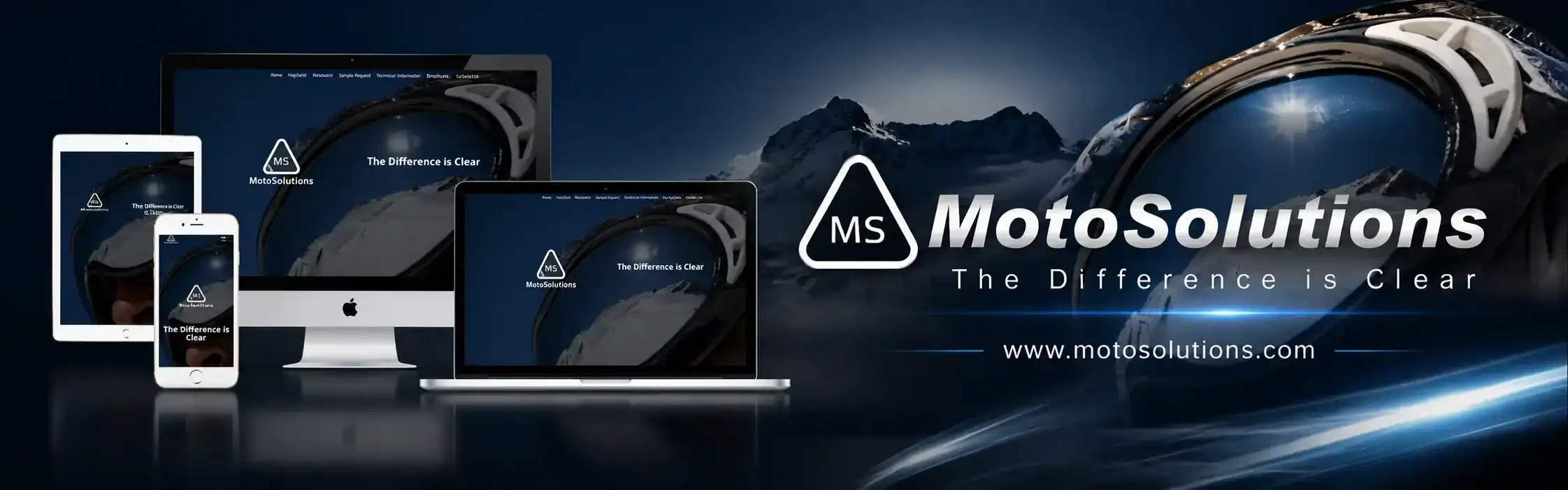 MotoSolutions website displayed on a smartphone, computer, and laptop screen, with a close-up of a motorcycle visor and snowy mountains in the background. Text reads: MotoSolutions. The Difference is Clear. www.motosolutions.com.