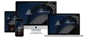 A responsive website for MotoSolutions is displayed on a smartphone, iMac, laptop, and tablet. The homepage shows a close-up of a helmet visor with the text “The Difference is Clear” and the website menu.