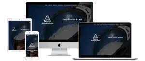 A MotoSolutions website homepage displayed on a desktop, laptop, tablet, and smartphone screen, all showing the logo, slogan The Difference is Clear, and a background image of a helmet visor.