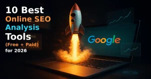 A rocket launching from a laptop keyboard with Google on the screen, surrounded by graphs. Text reads: 10 Best Online SEO Analysis Tools (Free + Paid) for 2026.