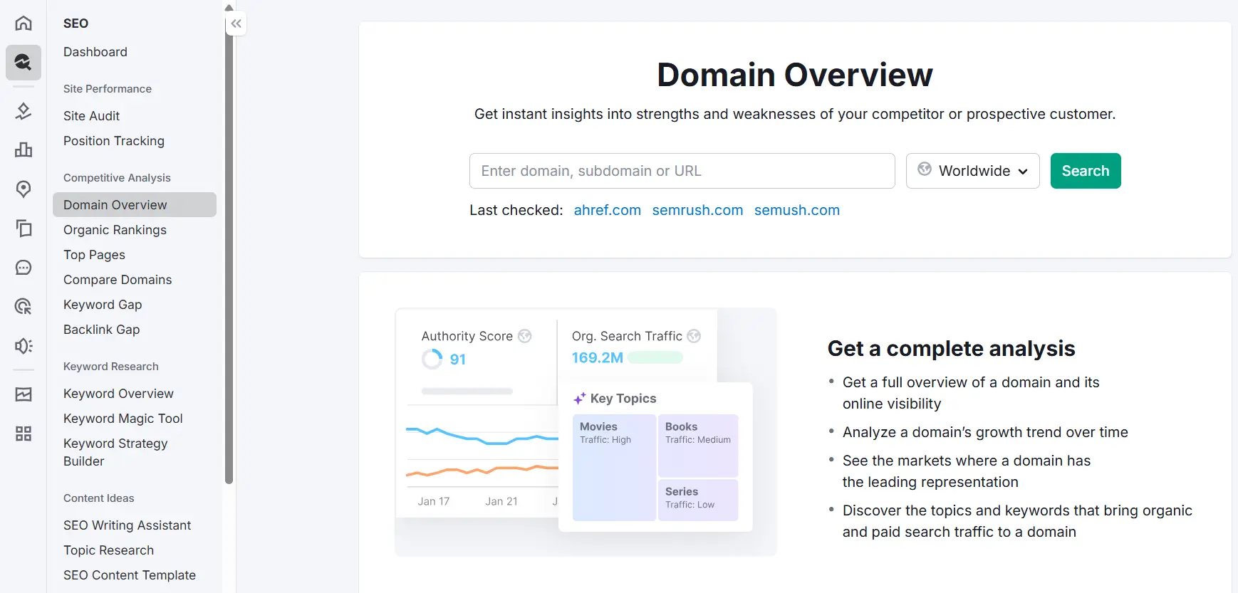 image003 Screenshot of an SEO tools Domain Overview page showing options to enter a domain for analysis, recent checks, and graphs for authority score and organic search traffic trends. Side menu lists SEO features.
