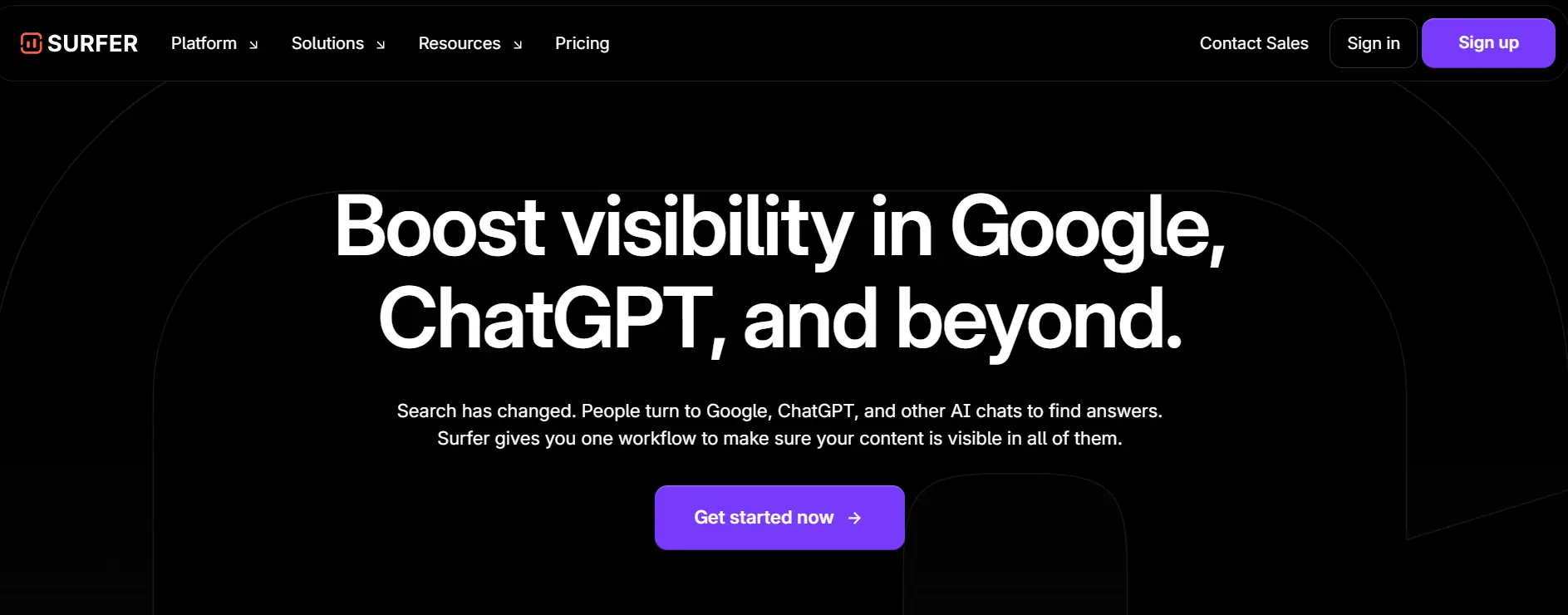 image010 A website homepage with the headline Boost visibility in Google, ChatGPT, and beyond. Below is a description about finding answers with AI chats; a purple Get started now button is centered at the bottom.