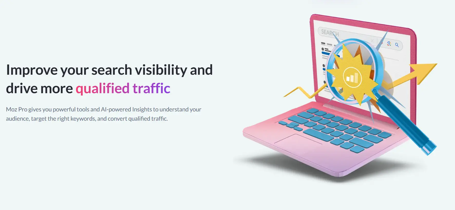 image014 A pink laptop with a search engine page on its screen, a magnifying glass highlighting a rising graph and a star, alongside text promoting Moz Pro for improving search visibility and driving qualified traffic.