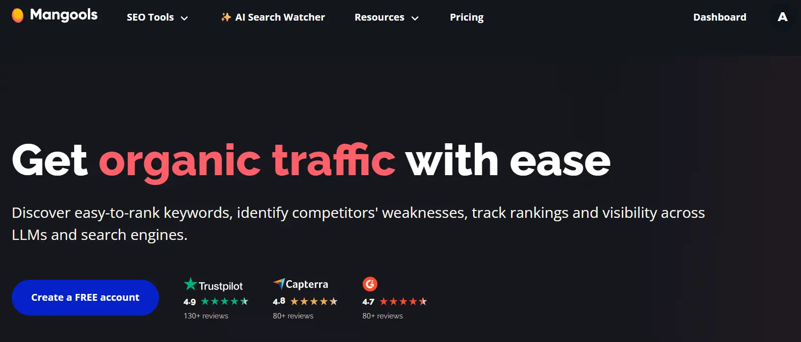 image016 Screenshot of the Mangools homepage with the headline Get organic traffic with ease and options to create a free account, view Trustpilot and Capterra ratings, and navigate through SEO tools, resources, pricing, and dashboard.