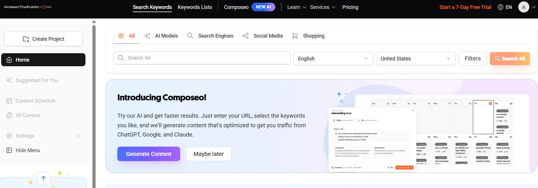 image018 A screenshot of the AnswerThePublic website shows a dashboard with options for AI models, search engines, social media, and shopping. A highlighted section introduces Compose, a content generation feature, with buttons to generate content or choose later.