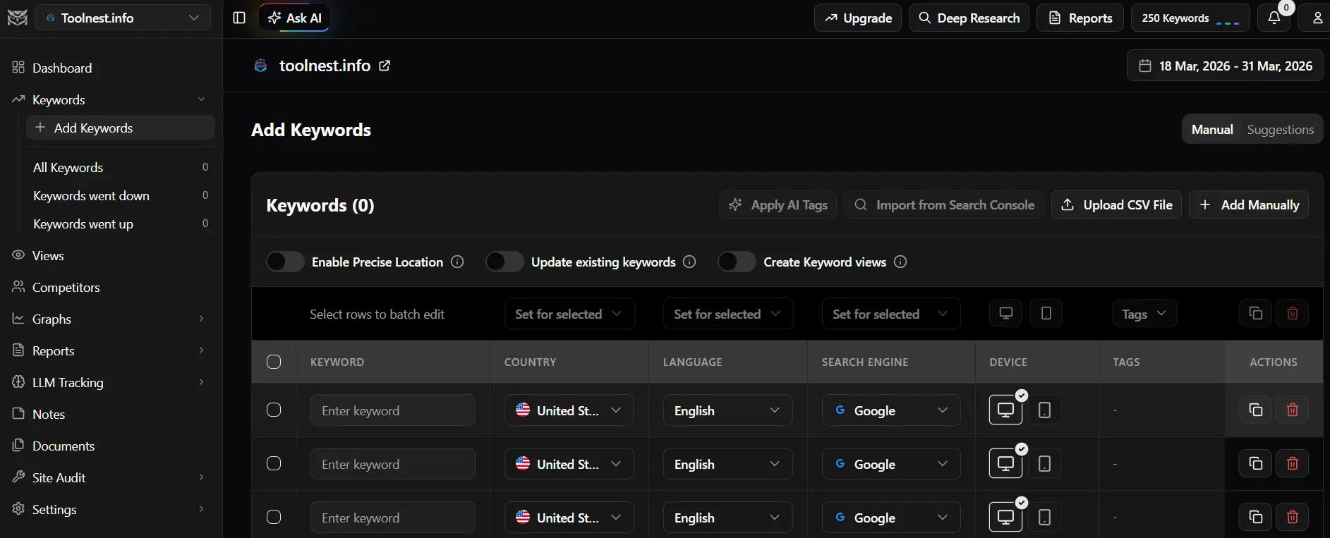 image020 A dark-themed dashboard for adding SEO keywords, showing keyword input fields, country, language, search engine options, tags, and action buttons. Navigation menu is on the left; top bar features date range and user options.