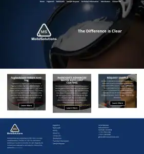 A website homepage for MotoSolutions features a close-up image of a person wearing ski goggles, the logo, tagline “The Difference is Clear,” and sections about anti-fog, water repellent coatings, and sample requests.