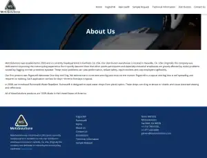 Screenshot of the MotoSolutions About Us webpage. The page has a blue header with a partial image of a motorcycle mirror and text about the companys history and products. Contact information is visible at the bottom.