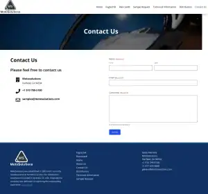 Screenshot of the MotoSolutions Contact Us page featuring a form for name, email, and comments, company contact details on the left, and a blue background with the MotoSolutions logo at the top and footer.