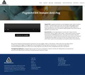 Screenshot of a MotoSolutions web page for Fogtech®DX Instant Anti-Fog, featuring product information, a video player, eye protection details, and a navigation menu at the top. MotoSolutions logo and contact info are at the bottom.