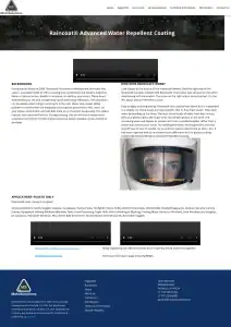 Screenshot of a product webpage for Raincoat® Advanced Water Repellent Coating by MotoSolutions, featuring product descriptions, a demonstration video, application info, contact details, and a close-up photo of a helmet visor treated with the coating.