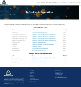 Screenshot of the MotoSolutions Technical Information webpage, displaying downloadable PDF links for product datasheets and FAQs in various languages, with a blue geometric banner and navigation menu at the top.