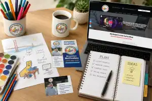 A workspace with a laptop showing a web design site, notebooks with handwritten plans, a drawing of a bear at a computer, colored pencils, business cards, coffee mug, and plant on a wooden desk.