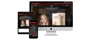 A website about The Cuthbertson Strategy Playbook is displayed on a desktop, tablet, and phone screen, featuring a womans portrait, book image, and navigation menu on a maroon and white background.