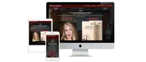 A website promoting The Authority Strategy Playbook is displayed on a computer, tablet, and phone screen, featuring a woman’s portrait and book cover with a maroon and white theme.