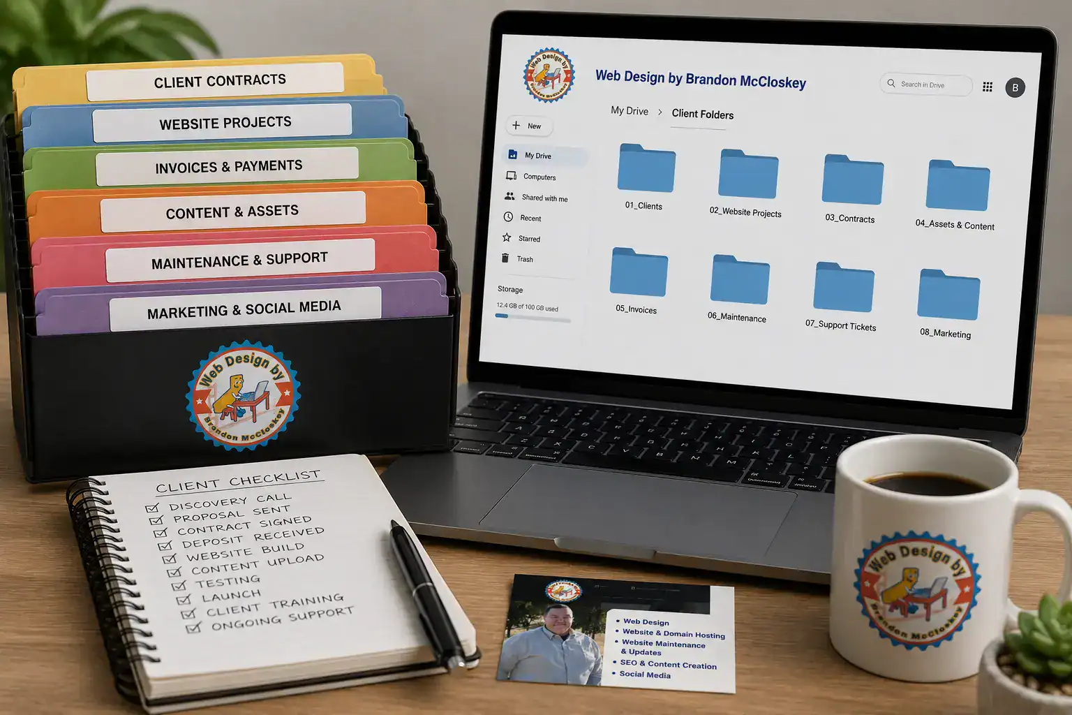 A workspace with a laptop, file organizer labeled by business tasks, a notepad with a client checklist, a business card, a pen, and a coffee mug displaying a Web Design by Brandon McCloskey logo.