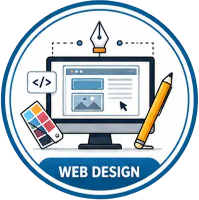 A computer monitor displays a web design interface, surrounded by a pencil, color palette, and code symbol. The words Web Design appear below the illustration in a blue circle.
