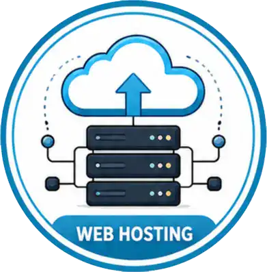 A cloud with an upward arrow above three connected server stacks, representing web hosting. The image is enclosed in a blue circle with WEB HOSTING text at the bottom.