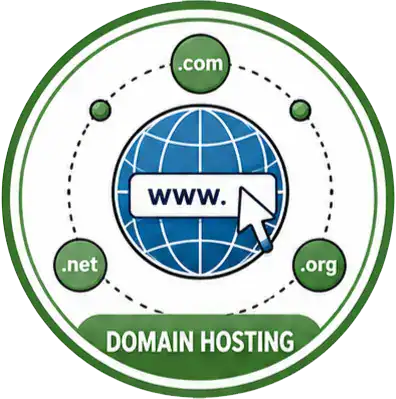 A graphic showing a globe with www. and a pointer, surrounded by .com, .net, and .org icons. The text Domain Hosting appears at the bottom in a green banner.