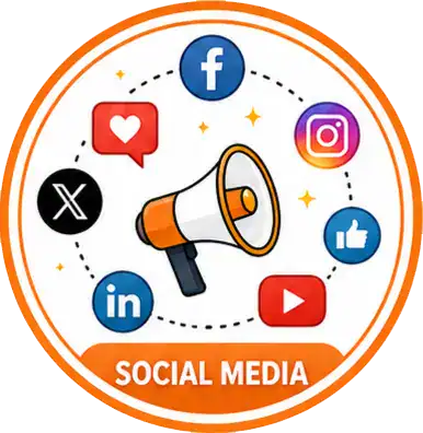 A megaphone surrounded by icons for Facebook, Instagram, X, LinkedIn, YouTube, and a heart, with Social Media written at the bottom in an orange circle.