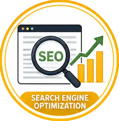A magnifying glass with SEO hovers over a webpage, next to a rising green arrow and a bar graph. Below is a yellow label reading Search Engine Optimization.