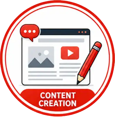 A browser window with images, a play button, a chat bubble, and a pencil. Below, a red oval label reads “Content Creation.”.